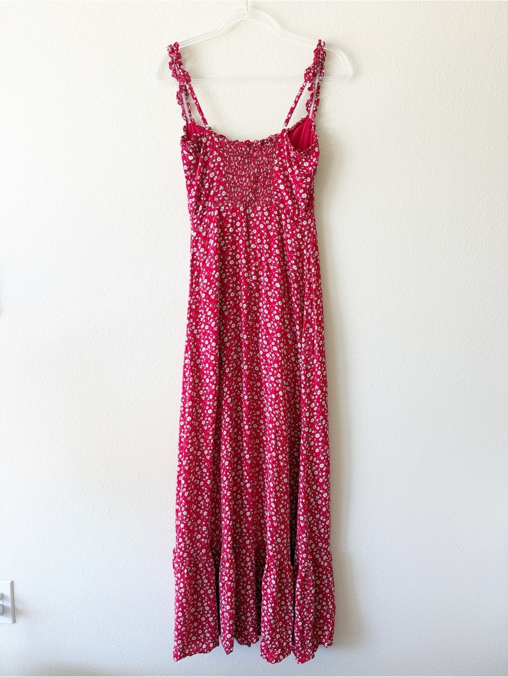 VICI Red Floral Maxi Dress Smocked Back Ruffle Strap Tiered Hem Rayon - Picture 7 of 13